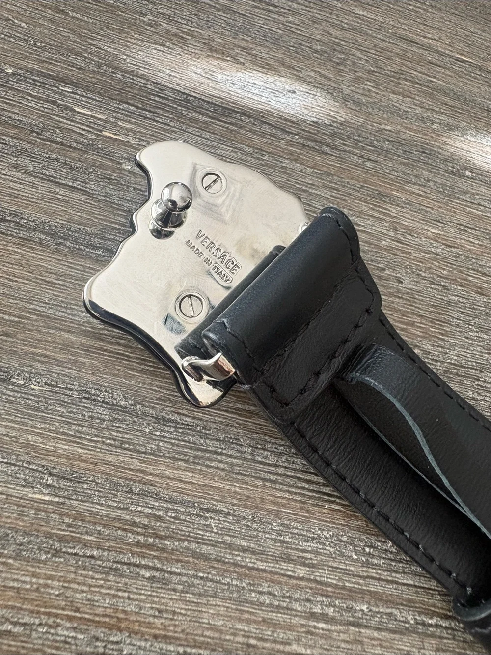 Versace Black Leather Belt with Glossy Medusa Buckle